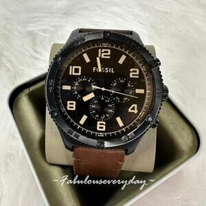 FOSSIL Men's Brox Multifunction Brown Leather Watch Black Dial 50mm BQ2802 NWT
